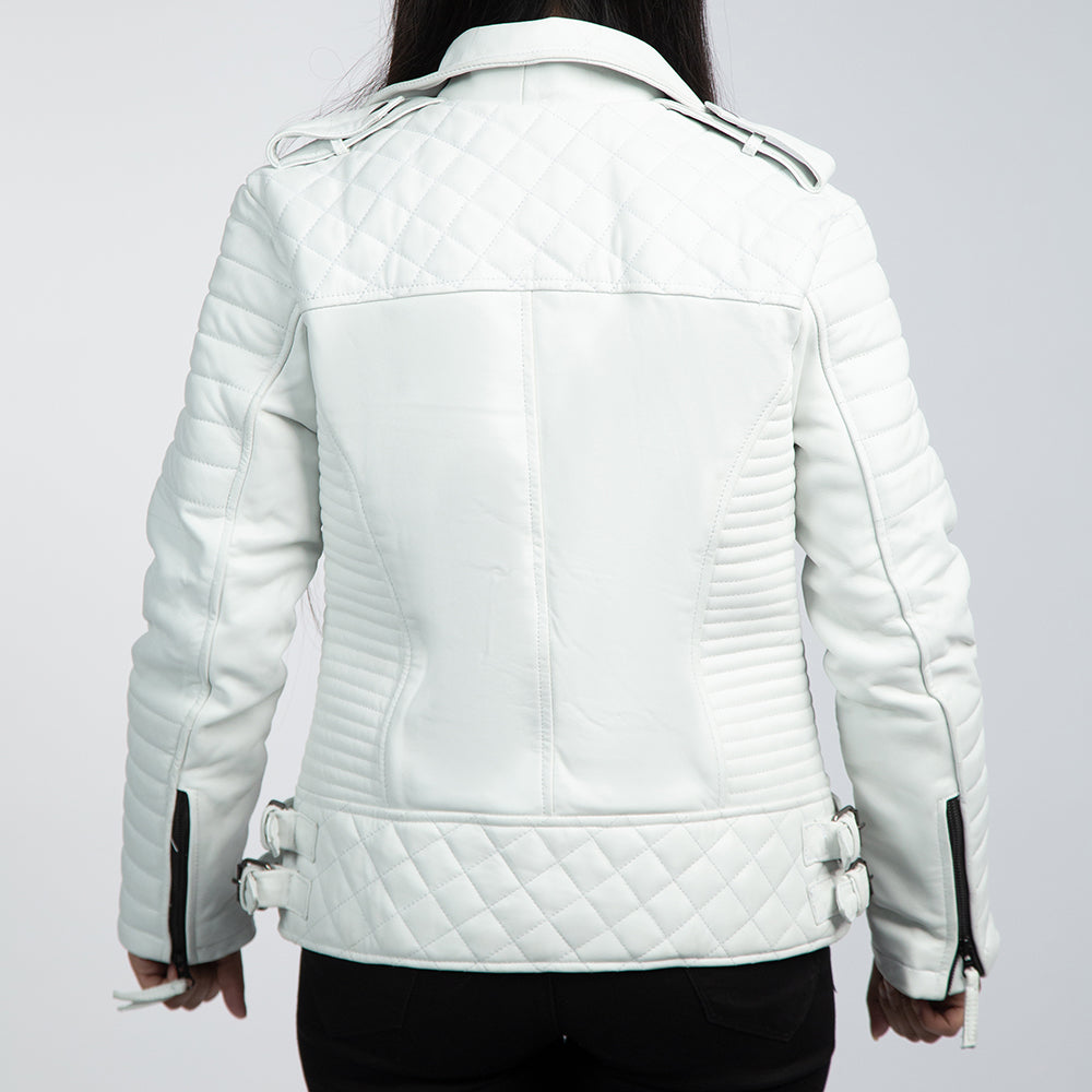 Chelsea White Leather Biker Jacket Back