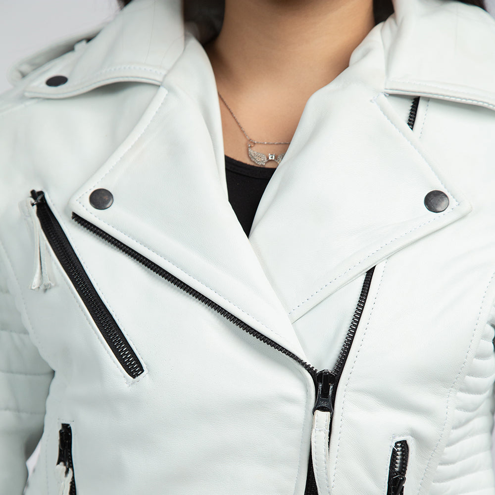 Chelsea White Leather Biker Jacket Close