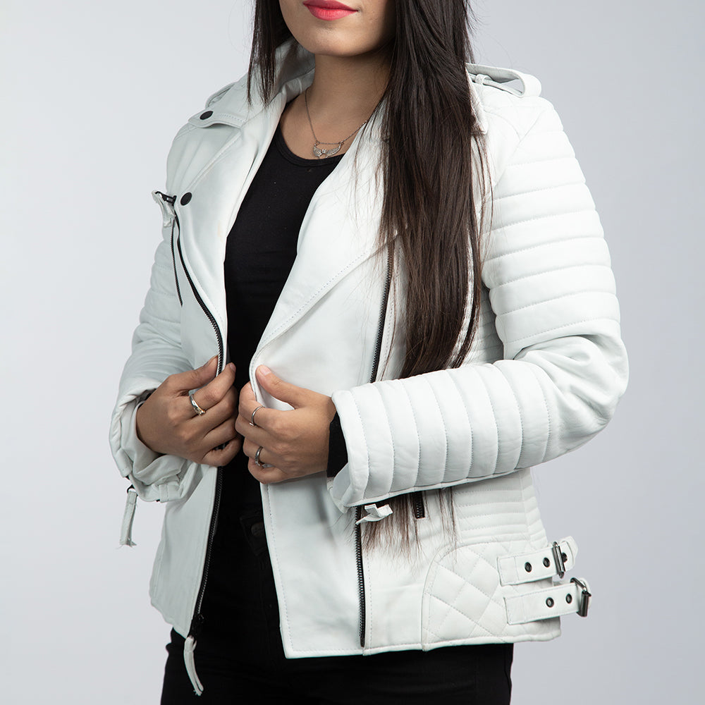 Chelsea White Leather Biker Jacket Front